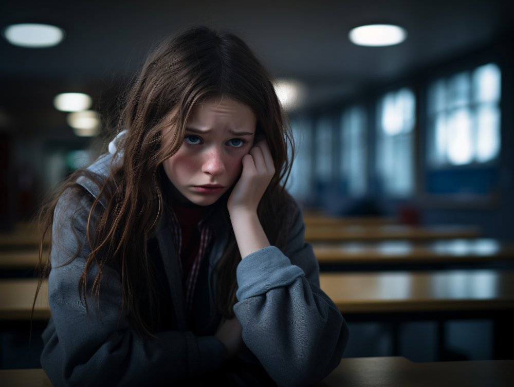 Neurodivergent teenage girl feeling sad and isolated in a classroom setting